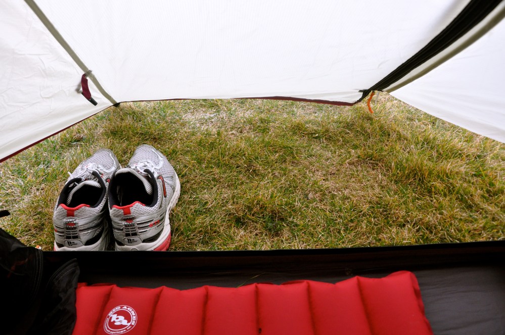 Limited space in vestibule. Enough for backpack (lying flat) and boots.